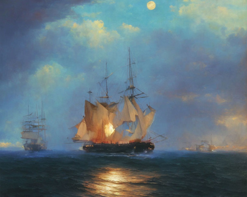 Moonlit sea with sailing ships and hazy sky reflections