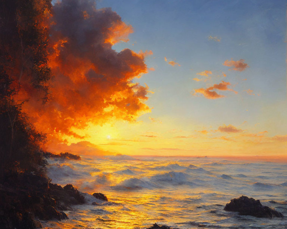 Fiery sunset seascape with crashing waves and rocky shoreline