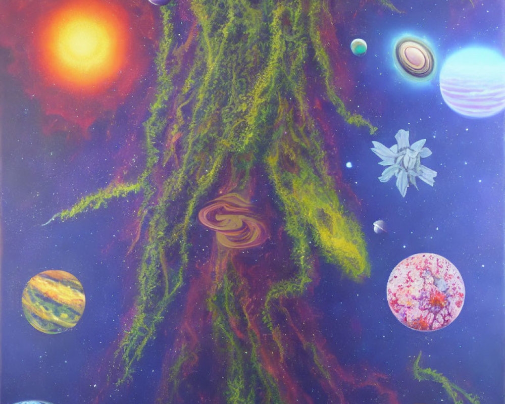 Colorful cosmic scene with green nebula, stylized planets, sun, and space-suited figure