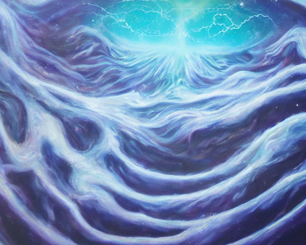 Ethereal cosmic painting of swirling blue and purple nebula with bright star energy.