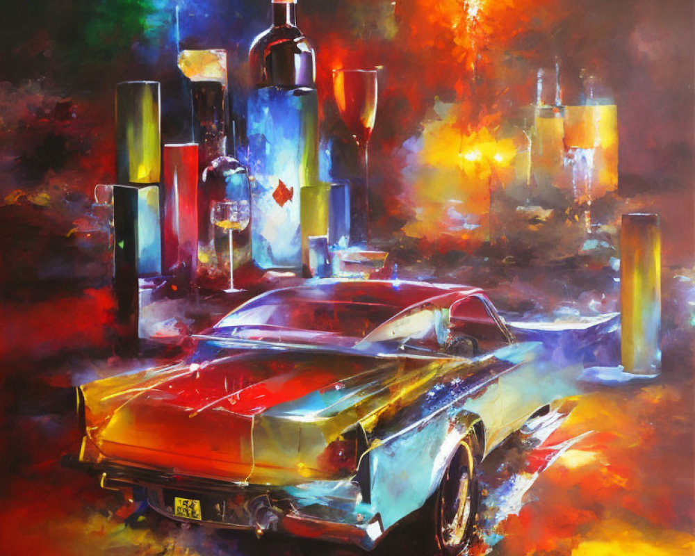 Colorful Abstract Painting with Classic Car, Wine Bottles, and Glasses
