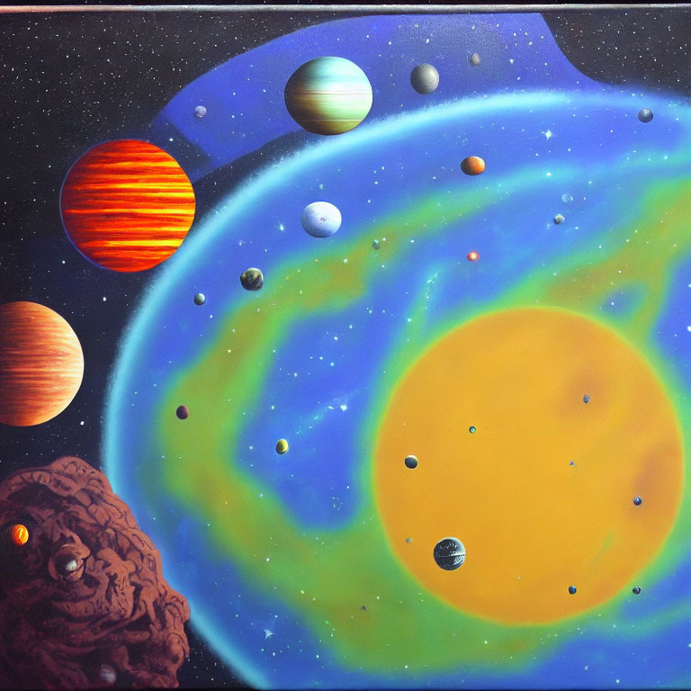Vibrant space-themed painting with celestial bodies, planets, stars, and orbits