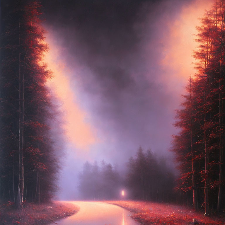 Misty forest road at dusk with warm sunlight and distant streetlight