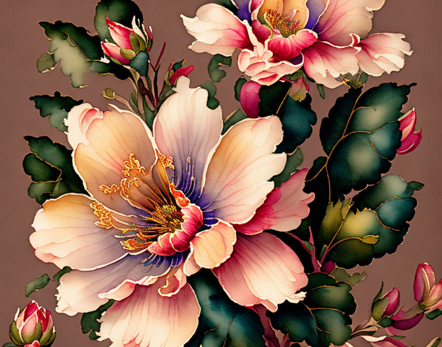 Detailed Vintage-Style Floral Illustration with Pink Flowers