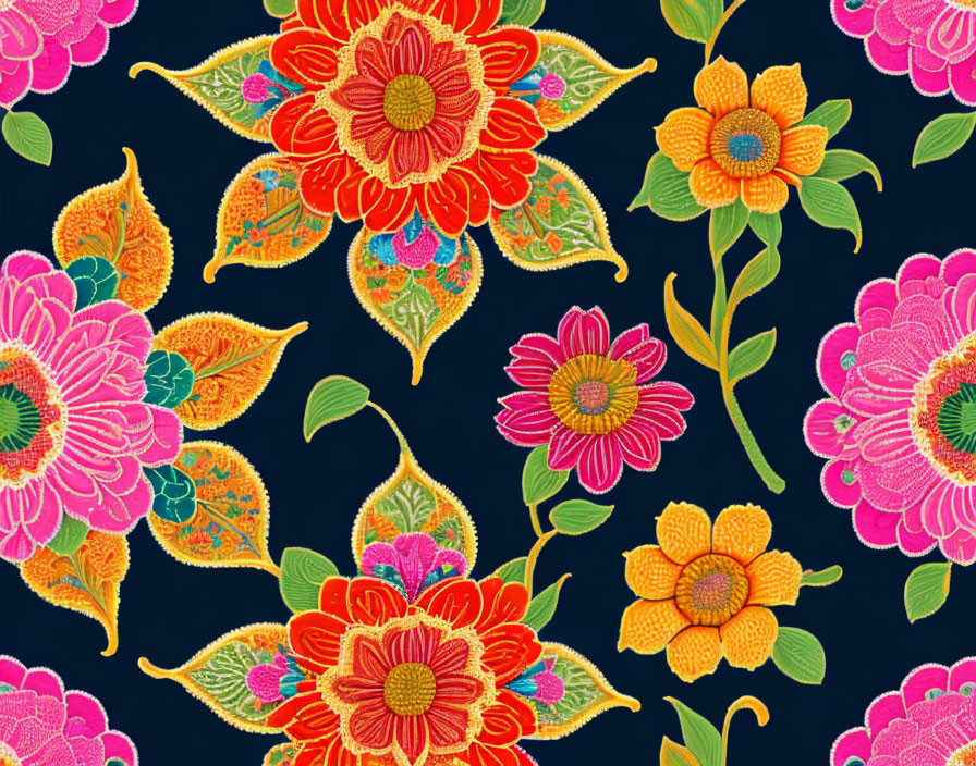 Vibrant floral embroidery on dark fabric with orange, yellow, and pink flowers