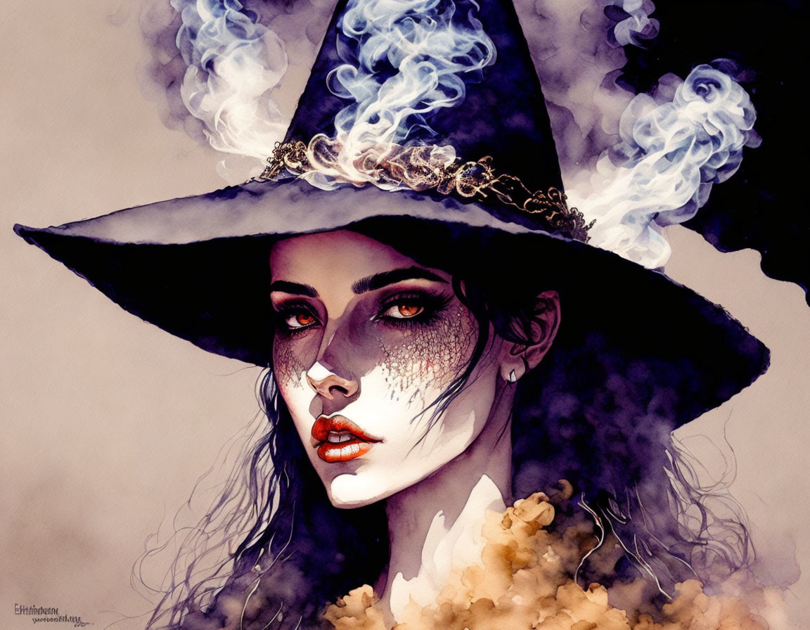 Stylized witch illustration with smoky tendrils and dramatic makeup
