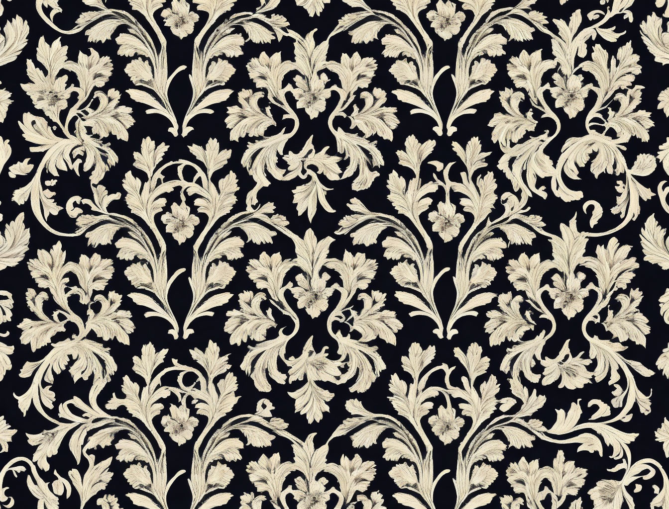 Beige floral motifs on black background: Classic vintage wallpaper design
