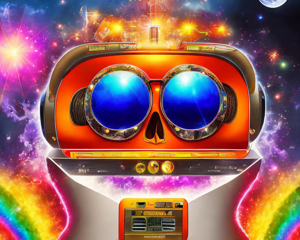 Colorful surreal image: Vintage binocular and boombox with cosmic background