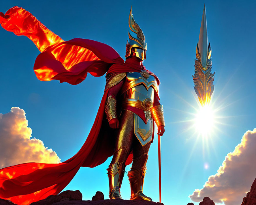 Armored knight with gleaming spear on rocky terrain under vibrant sky