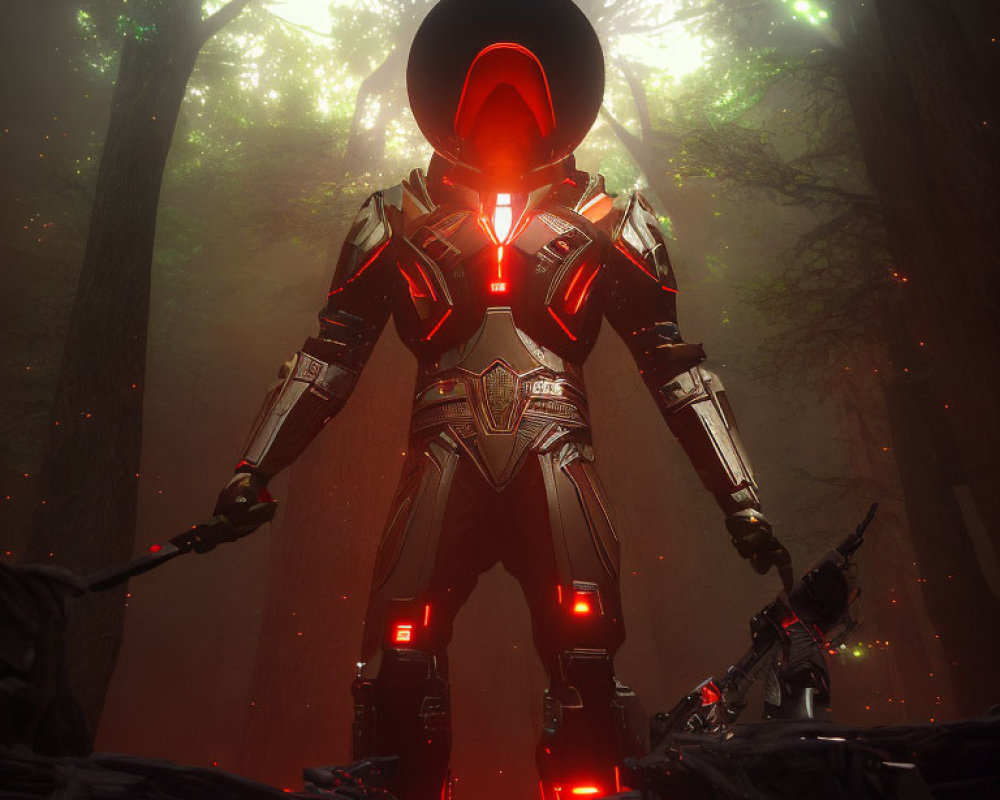 Futuristic warrior in black and red armor in misty forest with glowing red visor