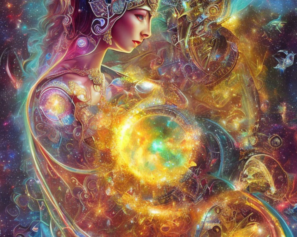 Colorful artwork of woman with ornate headgear gazing at cosmic orb in celestial space.