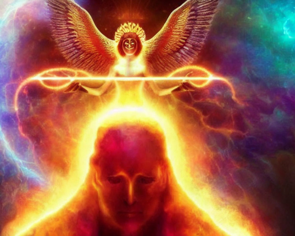 Colorful digital artwork: Glowing humanoid and angelic figure in cosmic energy