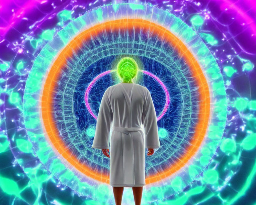Person in White Robe Standing Against Psychedelic Backdrop