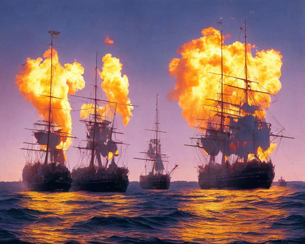 Historic naval battle scene with sailing ships and cannons firing