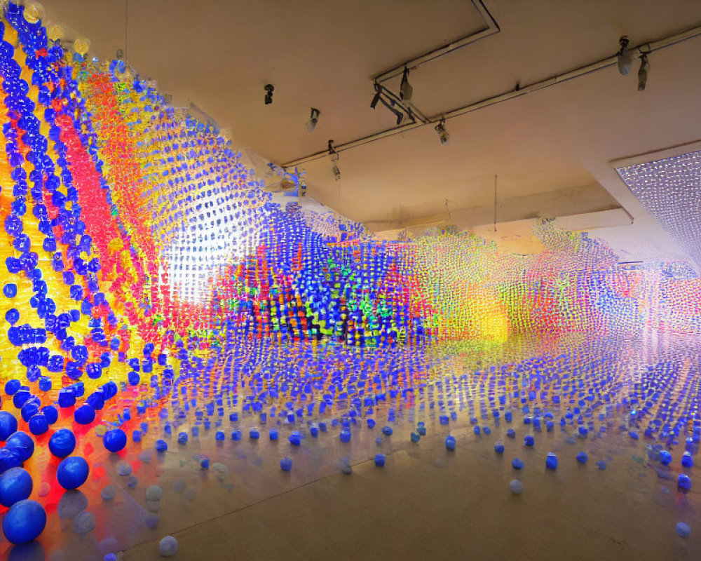 Colorful Hanging Spheres Forming Rainbow Gradient in White Room