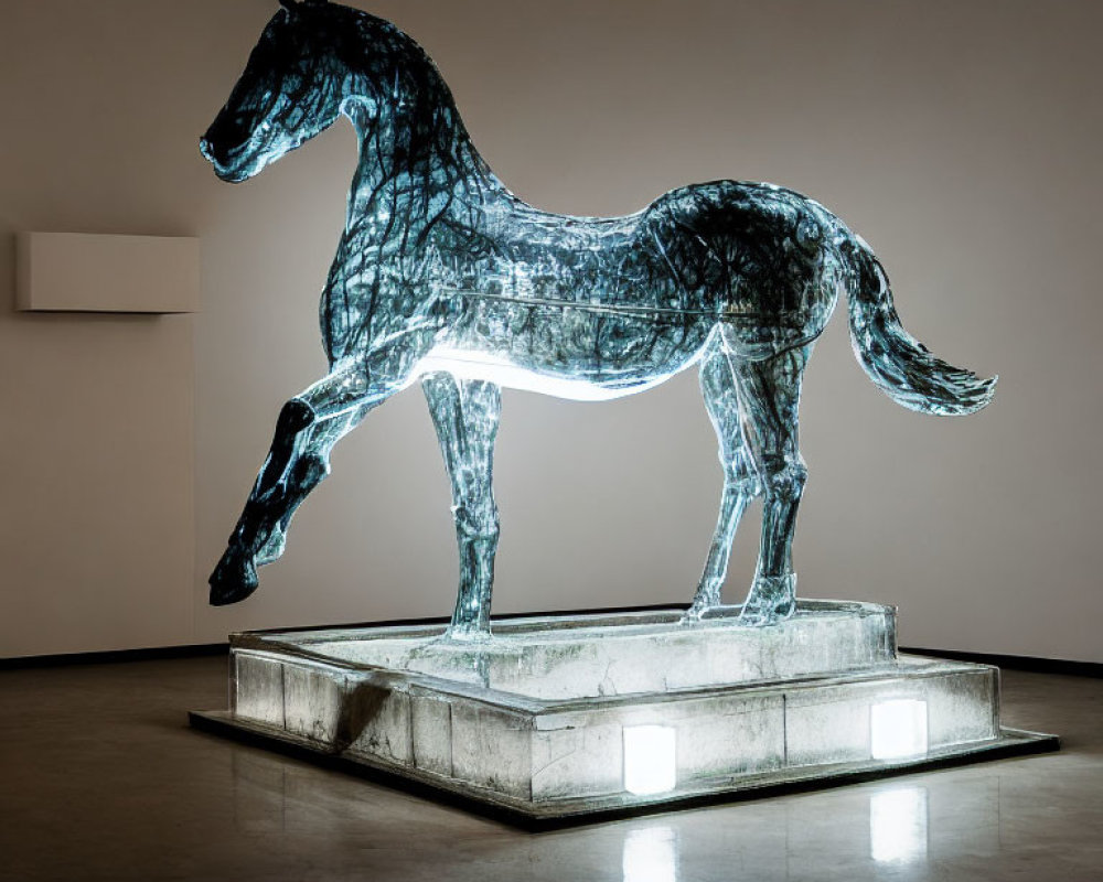 Transparent Horse Sculpture with Intricate Detailing on Backlit Platform