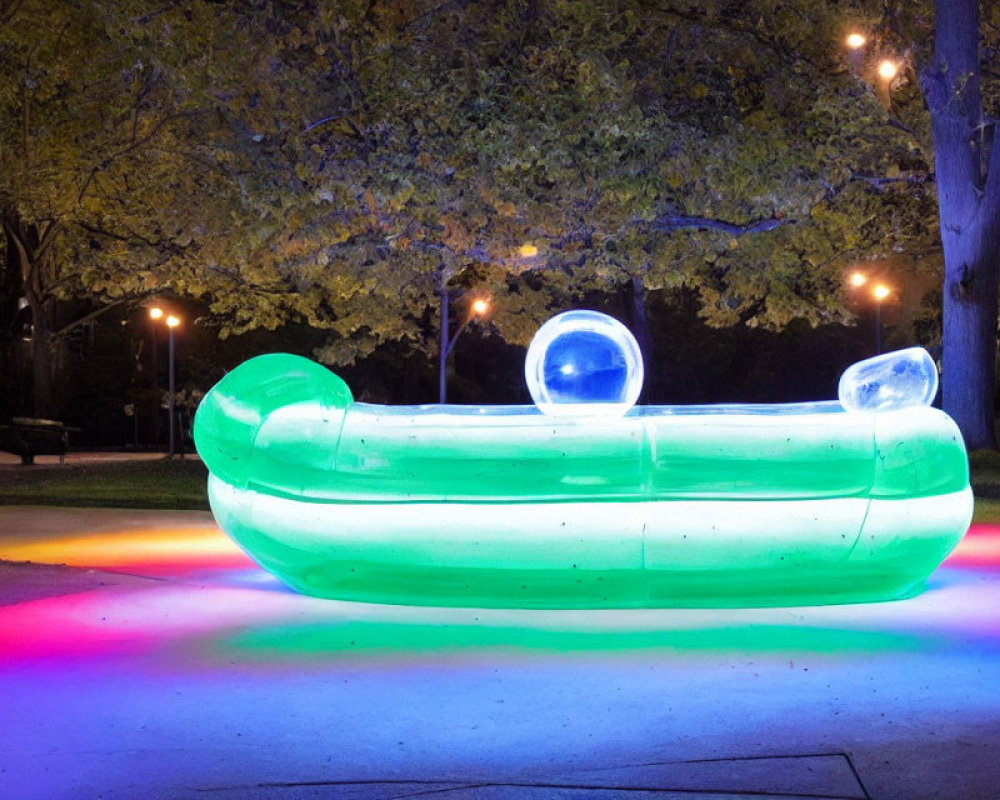 Vibrant Outdoor Sculpture: Green Body, Blue Cushions in Night Park