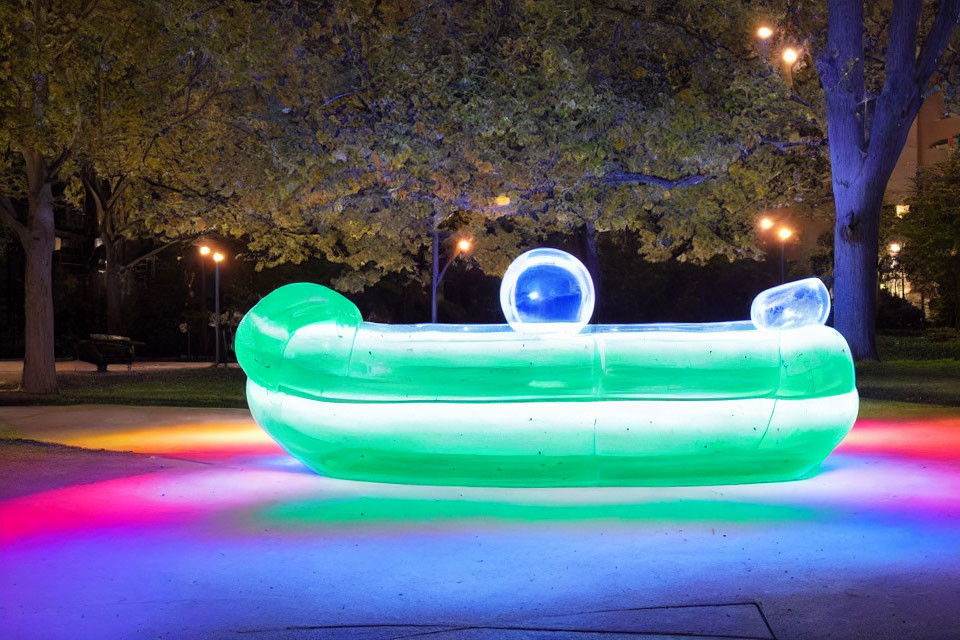 Vibrant Outdoor Sculpture: Green Body, Blue Cushions in Night Park