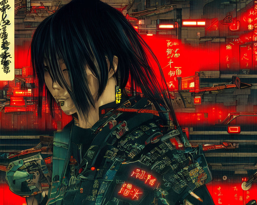 Futuristic cyberpunk art with figure in high-tech armor in neon-lit cityscape