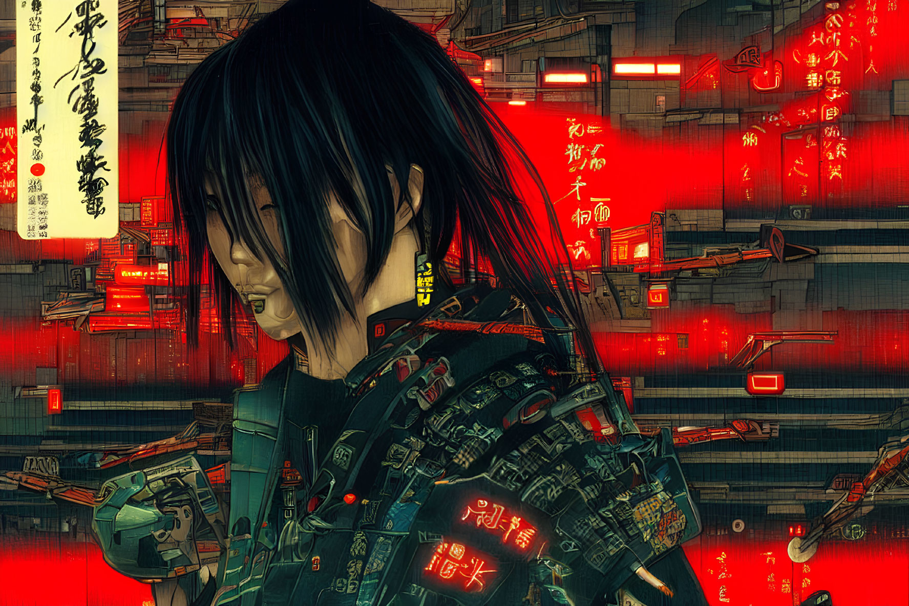 Futuristic cyberpunk art with figure in high-tech armor in neon-lit cityscape