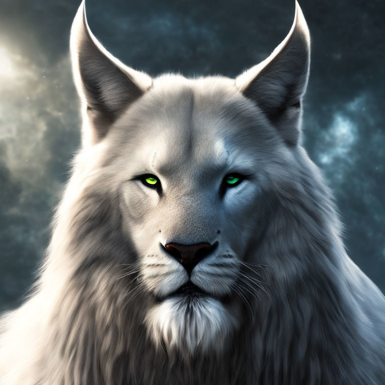 Majestic lion-headed creature with green eyes under starry sky