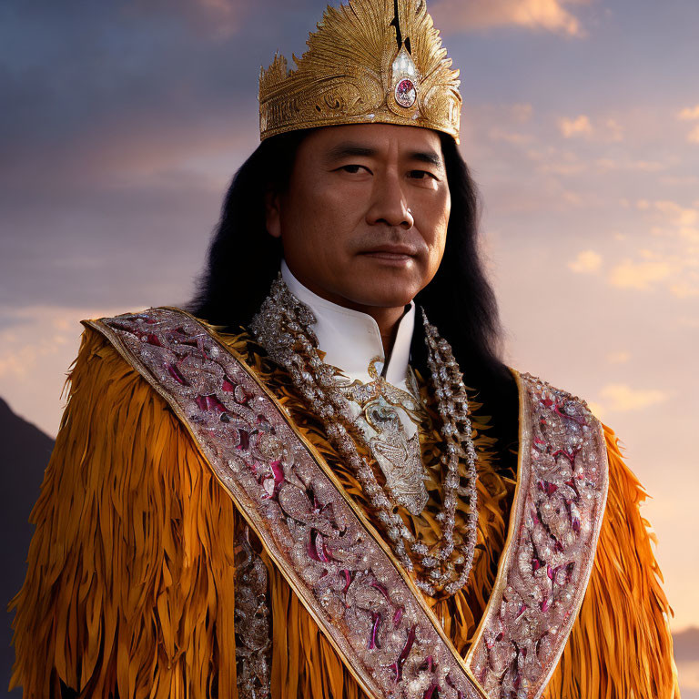 Person in Golden Crown and Ornate Robe Poses Against Twilight Sky