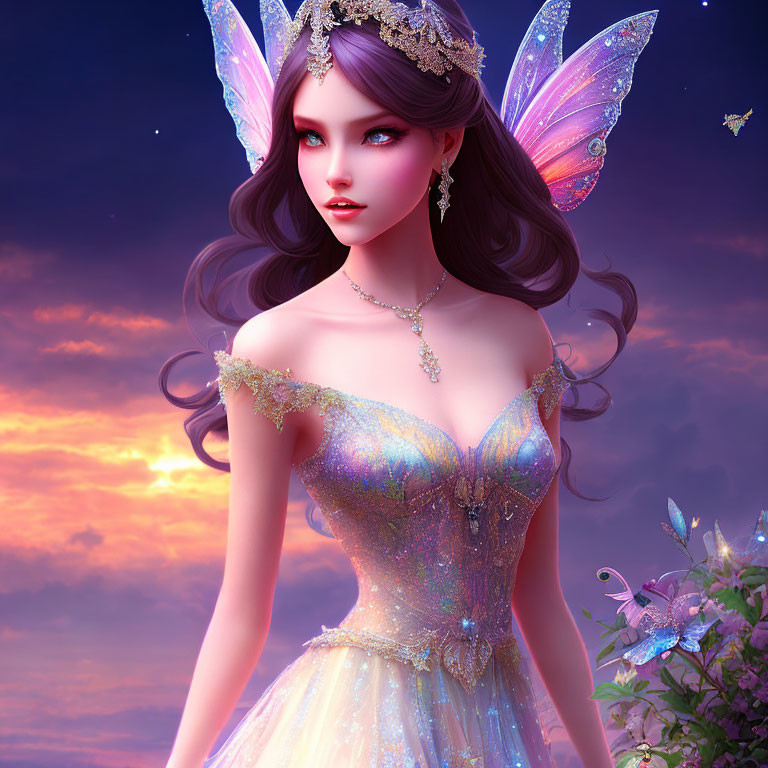 Iridescent fairy art with sparkling dress in twilight sky