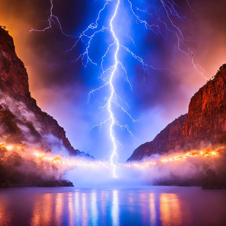 Dramatic lightning strike over misty mountain lake at night