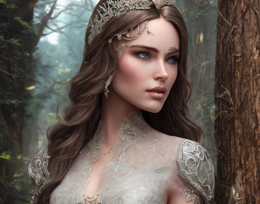 Regal woman with jeweled crown in misty forest setting