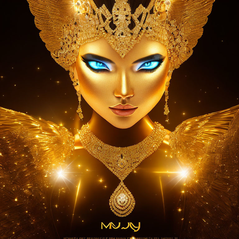 Digital Artwork: Person with Blue Eyes, Golden Headgear, and Glowing Wings