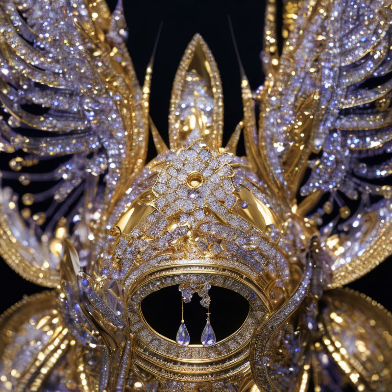 Intricate Golden Mask Adorned with Jewels and Glittery Patterns