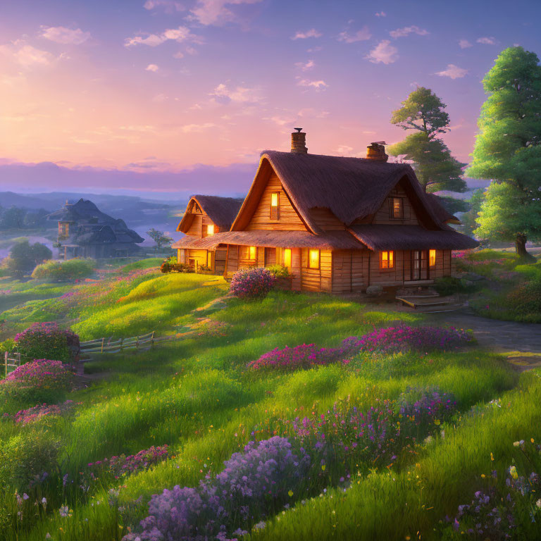 Tranquil sunset over charming wooden cottage in floral meadows