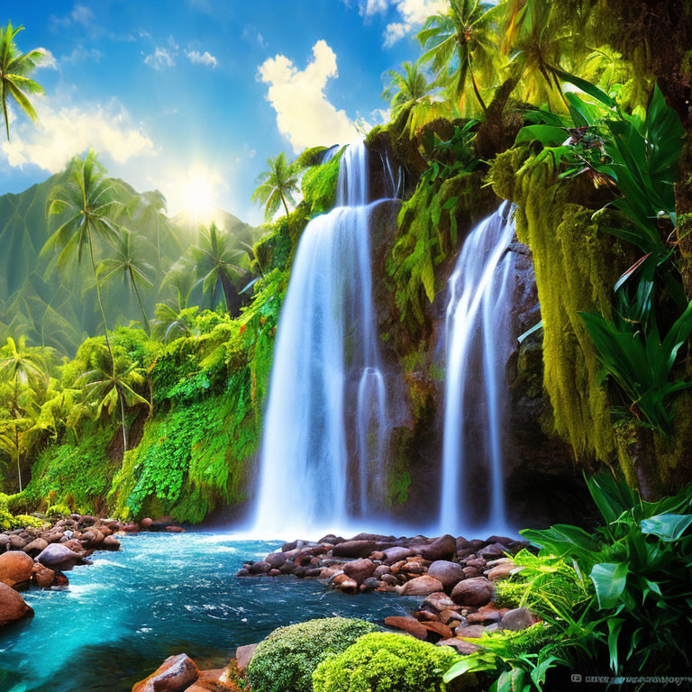 Scenic waterfall flowing into lush pool amidst greenery