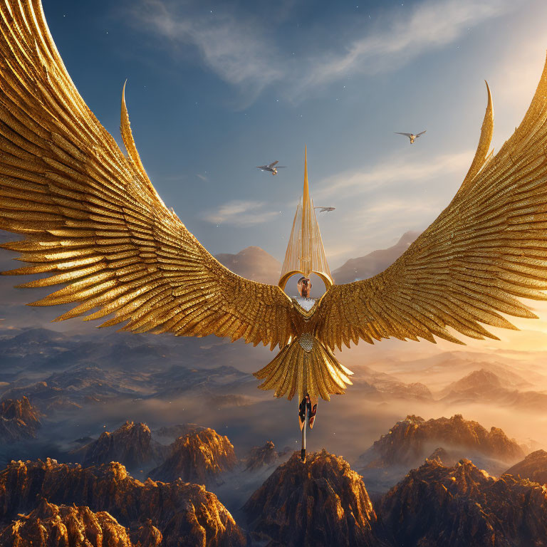 Person with Large Golden Wings Gliding Over Mountainous Landscape at Sunset