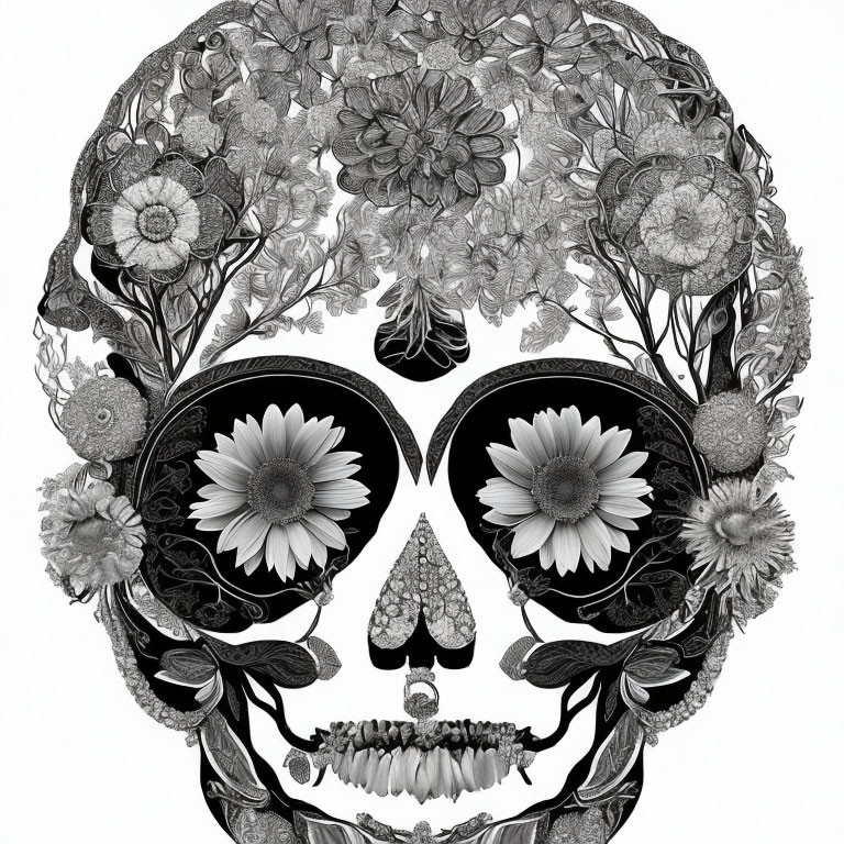 Monochrome human skull with intricate floral details