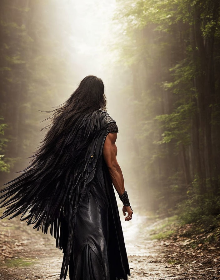 Person in leather outfit walking in misty forest with long hair.