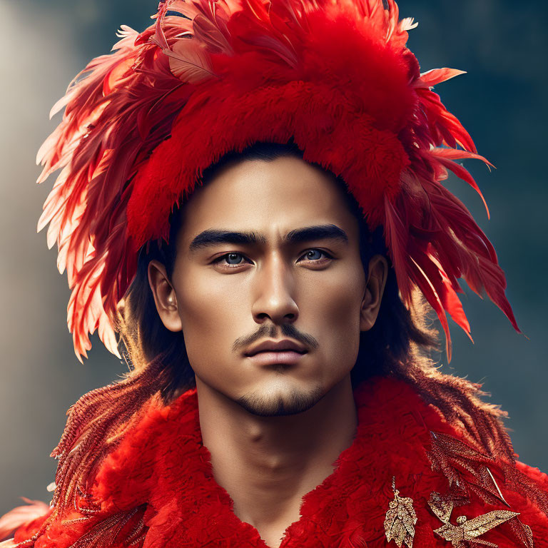 Portrait of a man in red feather headdress with groomed facial hair