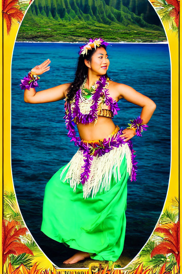 Woman in Green Hula Skirt Poses with Floral Adornments against Tropical Backdrop