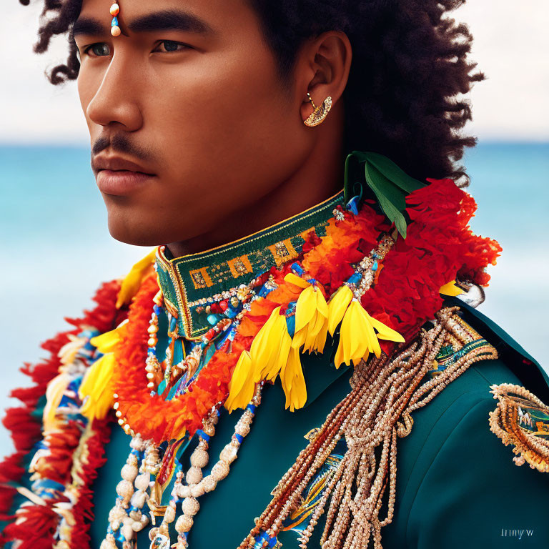 Man wearing colorful necklaces and lei against serene blue waters