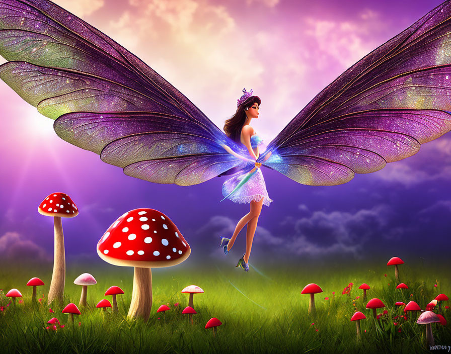 Whimsical fairy with iridescent wings in enchanted landscape