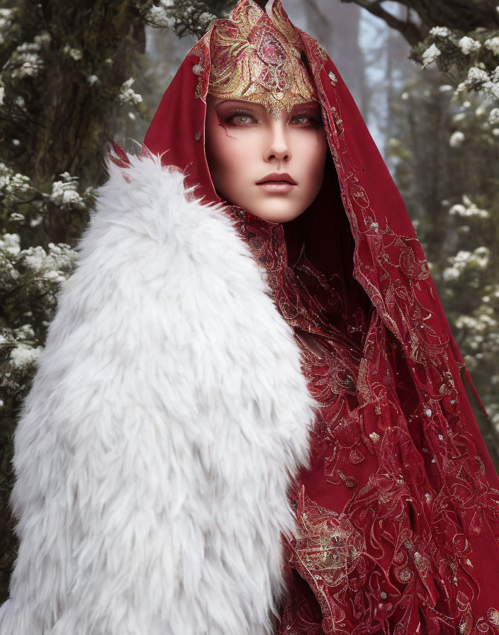 Person in Red and Gold Headpiece in Snowy Forest