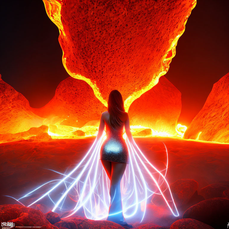 Woman with Glowing Wings in Fiery Volcanic Landscape