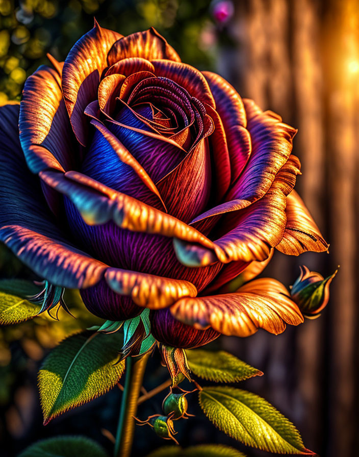 Multicolored Rose with Purples, Oranges, and Gold Hues in Warm Illumination