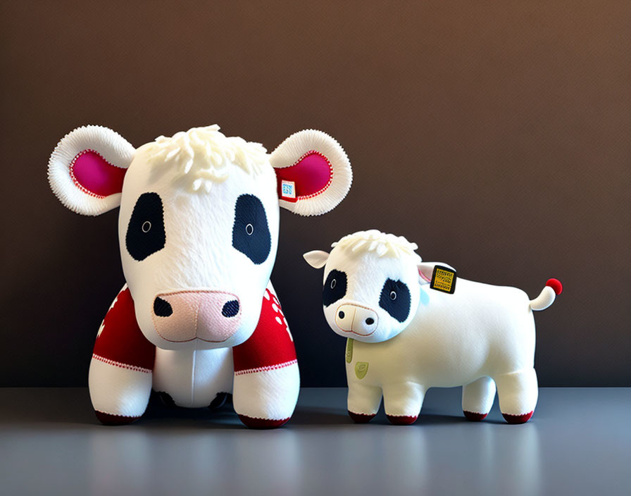 Black and White Plush Cow Toys with Red Scarves on Dark Background