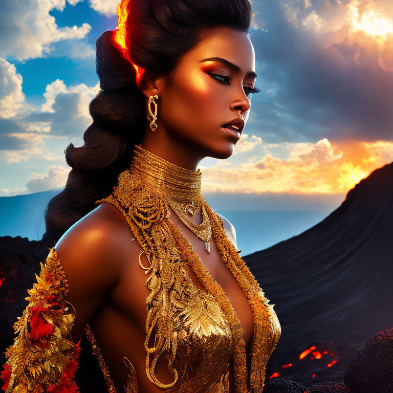 Woman in gold jewelry poses against volcanic sunset backdrop