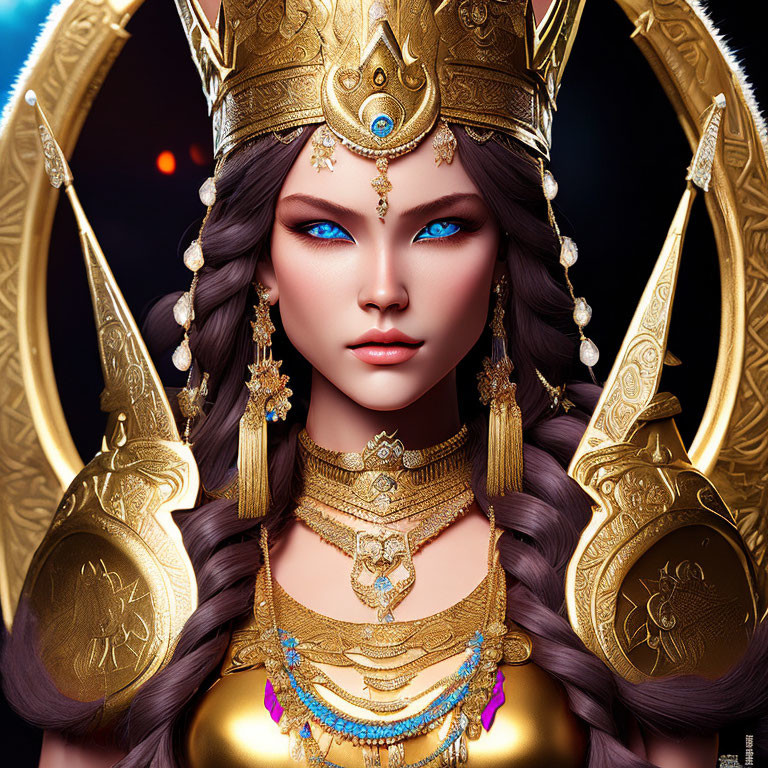 Regal figure with blue eyes and gold crown against dark backdrop