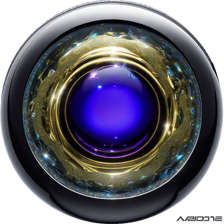 Abstract digital artwork: shiny spherical object with blue core, gold accents, black circular frame