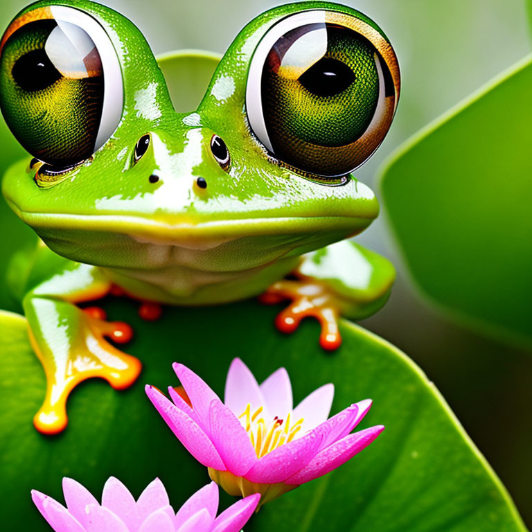Colorful Cartoon Frog on Green Leaf with Pink Water Lilies
