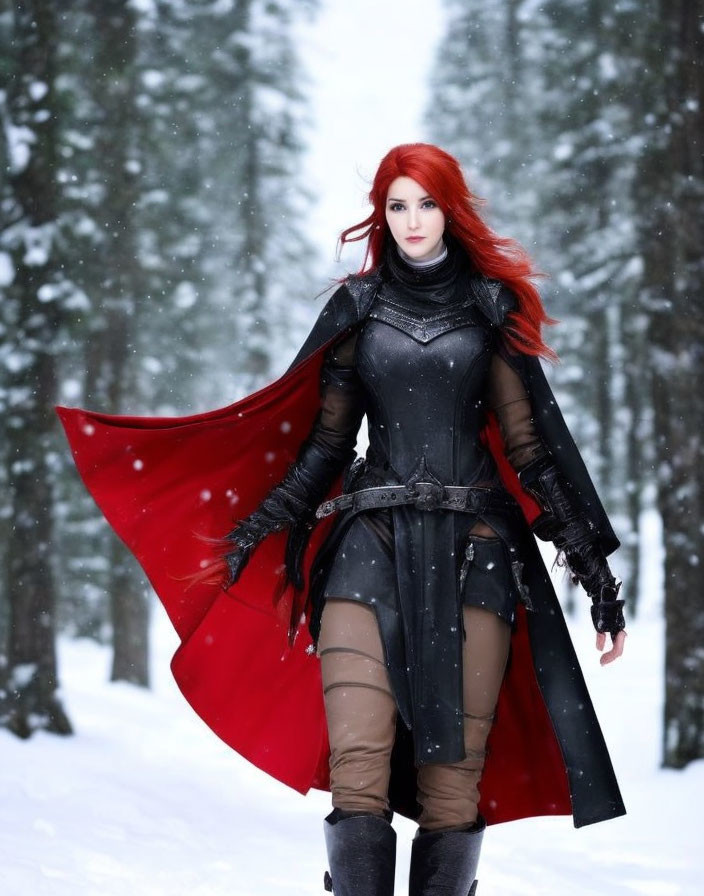 Red-haired woman in black medieval attire with red cape in snowy forest