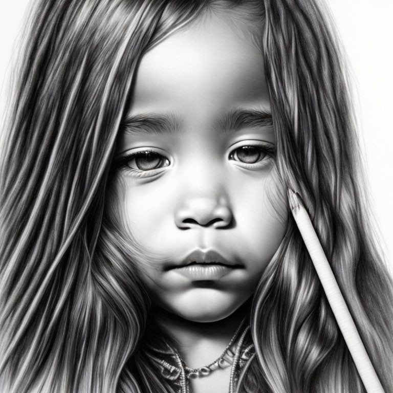 Detailed black and white pencil drawing of a pensive girl with long wavy hair holding a pencil